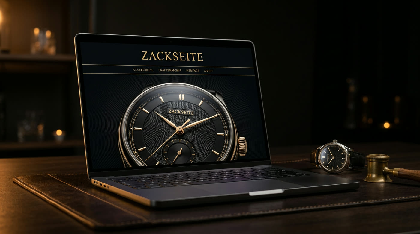Zackseite-Website auf einem Laptop — dunkles Uhren-Design mit goldener Typografie